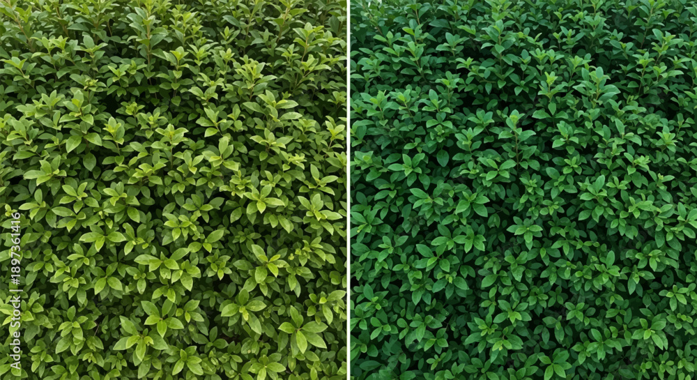 Fototapeta premium A split image showcasing a dense, lush green hedge or bush with small leaves, one side brighter