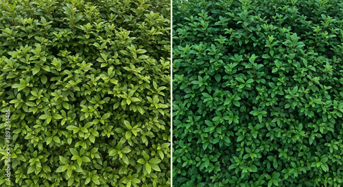 A split image showcasing a dense, lush green hedge or bush with small leaves, one side brighter