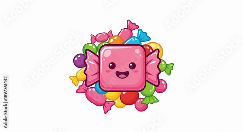 A happy pink square candy character smiles, surrounded by a vibrant pile of various colorful sweets