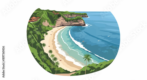A vibrant, top-down illustration of a secluded tropical beach with green cliffs, palm trees, and clear blue water