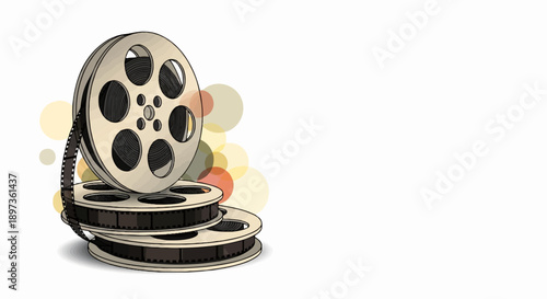 A stack of old-fashioned film reels with filmstrip, rendered in a sketch style with colorful bokeh