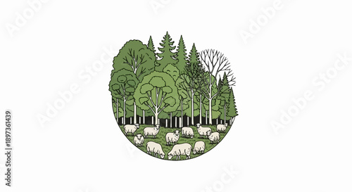 A vibrant illustration depicting a serene forest scene with various trees and a flock of sheep grazing peacefully