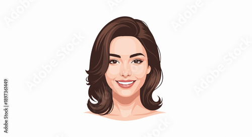 A vibrant vector portrait of a smiling woman with medium-length brown wavy hair and a friendly expression