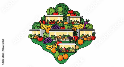 A vibrant illustration depicting an abundance of fresh fruits and vegetables displayed on tiered market stalls