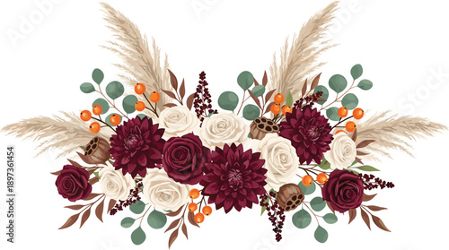 Elegant autumn floral arrangement with roses pampas grass and foliage, boho botanical bouquet illustration for wedding decor seasonal design isolated on white background