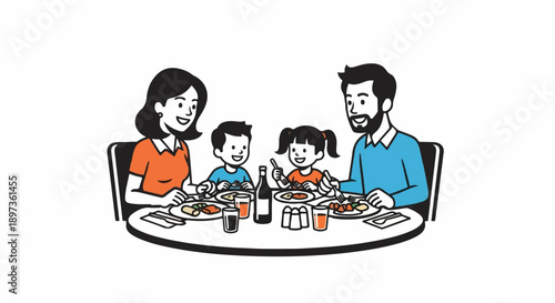 A happy family of four, parents and two children, smiling while enjoying a meal at a round table