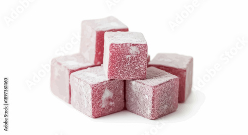 A stack of pink, sugar-dusted, cube-shaped confections, resembling Turkish delight, on a white background