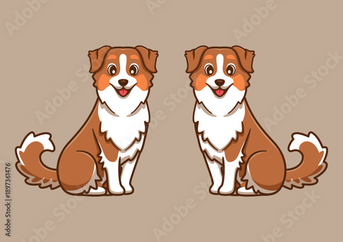 Two adorable cartoon border collie puppies with friendly expressions and fluffy tails are sitting patiently side by side against a neutral background illustrating canine companionship and pet love.