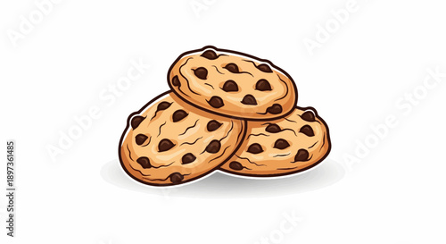 A stack of three cartoon chocolate chip cookies with a brown outline on a plain white background