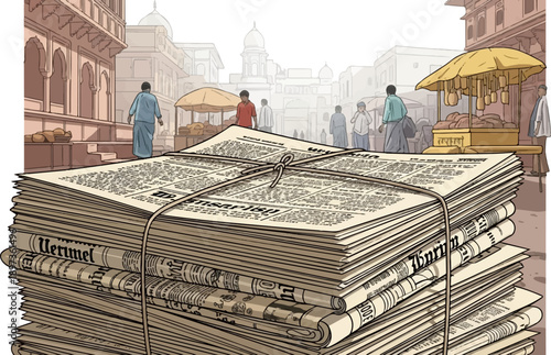 A stack of newspapers tied with twine in a bustling marketplace with people and traditional buildings