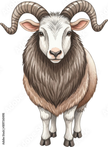 Detailed illustration of a ram with large horns on transparent background