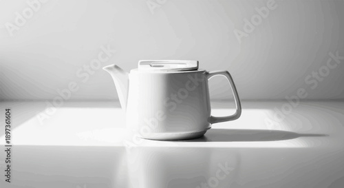 A stark, minimalist black and white still life featuring a modern white teapot on a reflective surface
