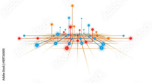 Abstract network visualization with interconnected nodes and lines in blue, red, and orange on a white background