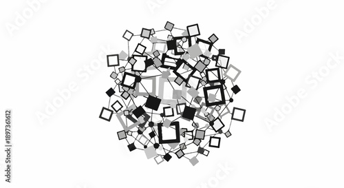 Abstract network of interconnected squares and diamonds in black, grey, and white against a plain background