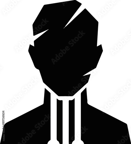 A stark black silhouette of a person's upper body and fragmented head, featuring three vertical white lines at the neck