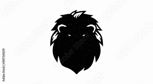 A stark, textured black silhouette of a powerful lion's head with intense white eyes, against white