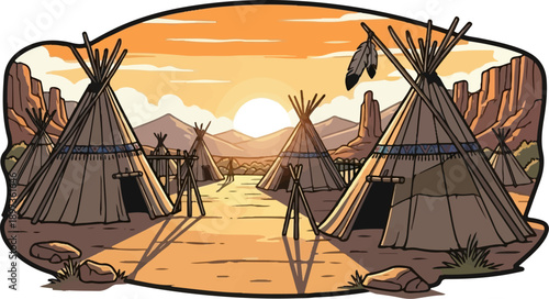 A village of traditional teepees in a desert landscape with towering mesas at a vibrant sunset