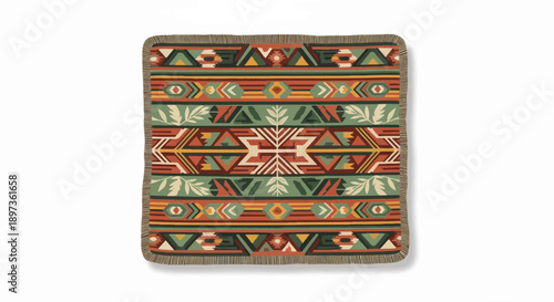 A vibrantly patterned blanket or rug with geometric and botanical motifs in earthy tones, fringed edges