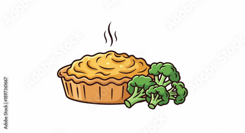 A steaming, savory pie with a golden mashed potato topping, served alongside a bunch of fresh green broccoli florets