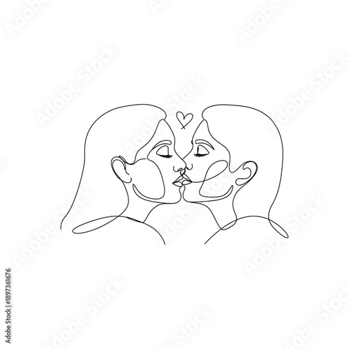 Two Women Kissing with Heart Symbol in Continuous Line Style