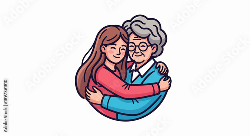 A warm, cheerful illustration of a younger person with long brown hair hugging an older person