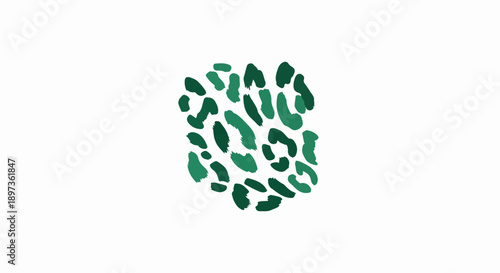 Abstract pattern of varied green and dark green brushstrokes scattered on a pristine white background