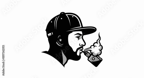 A stylized black and white illustration of a man with a beard and baseball cap vaping, exhaling smoke