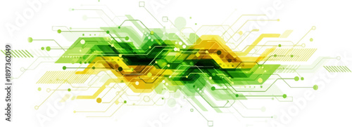 Abstract digital background with interconnected geometric shapes and circuit lines in green and yellow