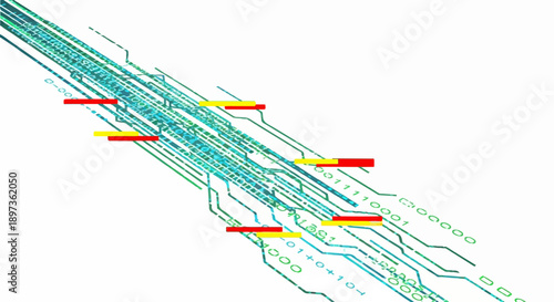 Abstract digital data stream on circuit board lines with binary code, illustrating technological connectivity