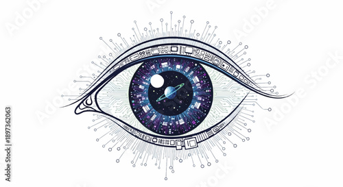 Abstract eye with a cosmic galaxy in its iris, surrounded by intricate circuit board patterns