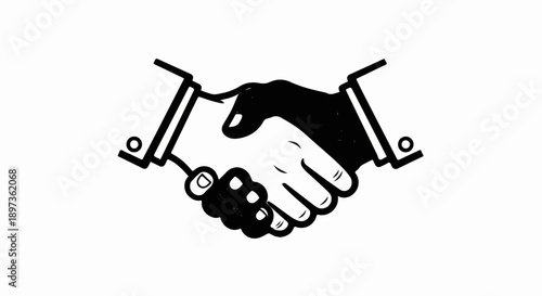 A stylized black and white illustration of two hands shaking, symbolizing agreement or partnership