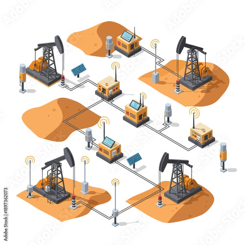 Isometric Oil Field with Pumpjacks and Networked Monitoring Stations.