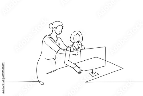 continuous line drawing of two businesswomen collaborating at a desk with a computer. office teamwork presentations, corporate training, female leadership, business collaboration, mentorship