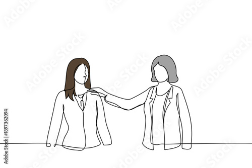 continuous line drawing of two businesswomen in a supportive interaction with one placing a hand on the other's shoulder. corporate mentorship, mental health at work, support, coaching, mentoring
