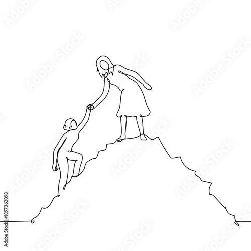 line drawing of woman helping another to climb up a mountain. women's movement give to gaine, personal growth, leadership coaching, teamwork success, overcoming challenge, women's mentoring