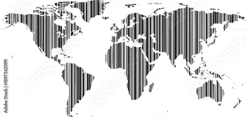 A stylized black and white world map composed of vertical barcode-like lines, representing global connectivity