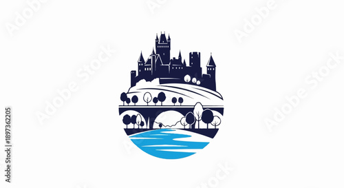 A stylized blue and white illustration of a castle on a hill with a bridge over a river