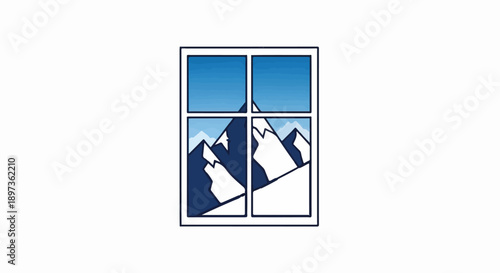 Abstract vector illustration of a mountain landscape seen through a window pane on a white background