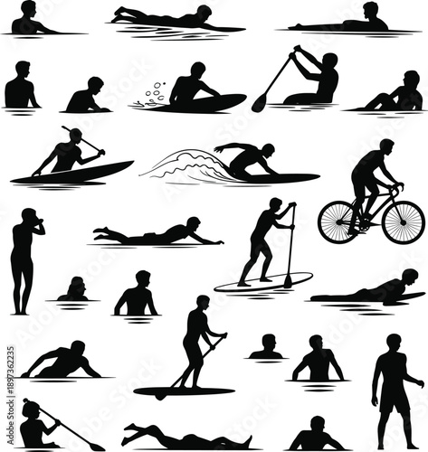 Black silhouette collection of surfers and paddle boarders in water, surfing poses, stand up paddle activities, ocean sports icons isolated on white background
