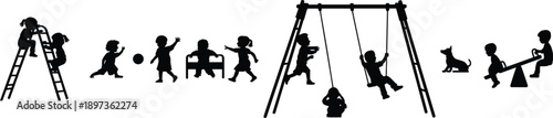 Children playground silhouettes playing on swings, seesaw and ladder, kids outdoor activities, childhood fun scenes, black silhouettes isolated on white background