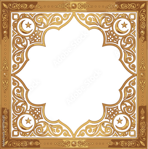 Elegant golden Islamic frame with crescent moon and star