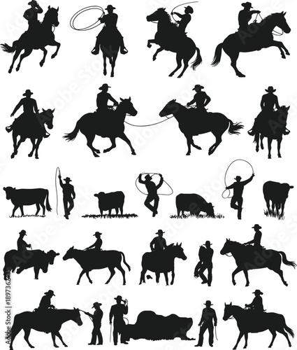Cowboy and rodeo silhouettes collection featuring horseback riders, lasso actions, cattle herding and western ranch scenes, American cowboy culture, farm life and rural lifestyle concepts