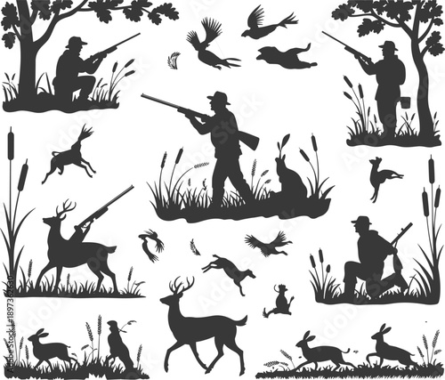 Hunting silhouettes collection with hunters, rifles, dogs, deer, birds and wild animals in nature scenes, outdoor sport, wildlife pursuit and countryside adventure concepts
