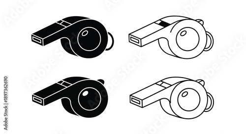 Four depictions of a whistle shown in varying styles a clean silhouette