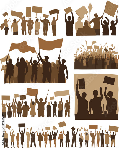 Protest crowd silhouettes holding banners and flags, people demonstration scenes, social movement and activism concept, group rally illustrations isolated on white background