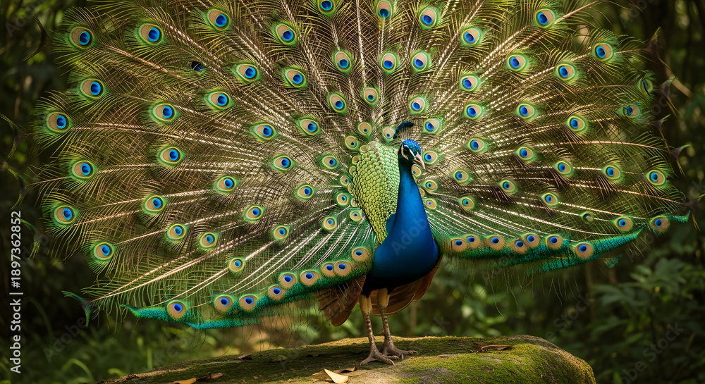 Obraz premium Majestic peacock displaying vibrant iridescent tail feathers in a lush green natural environment, wildlife photography.