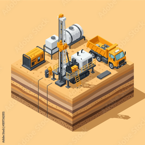 Isometric representation of a drilling rig and associated equipment on a layered ground.