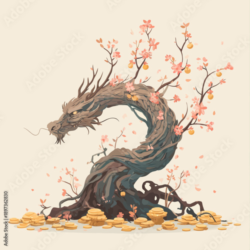 Dragon Sculpture with Cherry Blossoms.