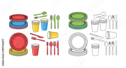 Colorful and monochrome arrangements of disposable tableware for parties