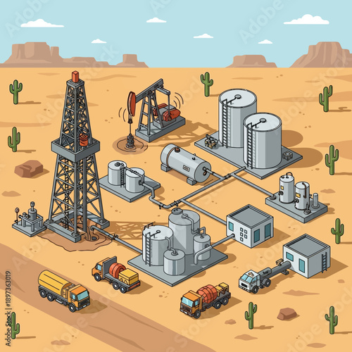 Oil drilling and refining complex in desert landscape.